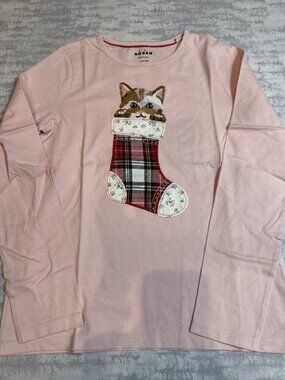 NWOT Mini Boden Pink Kitten Stocking Applique Tee 11-12Y